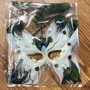 Peacock Feather Party Mask with Gold Accents